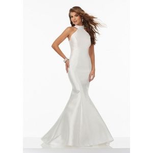 White Satin Halter Mermaid Gown with Ruffle